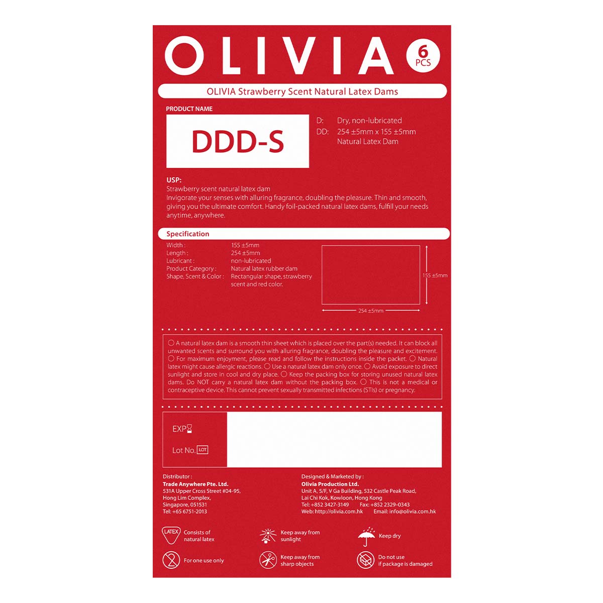 奥莉维亚 草莓口味 6 片 天然乳胶膜片 (短效期)-p_3