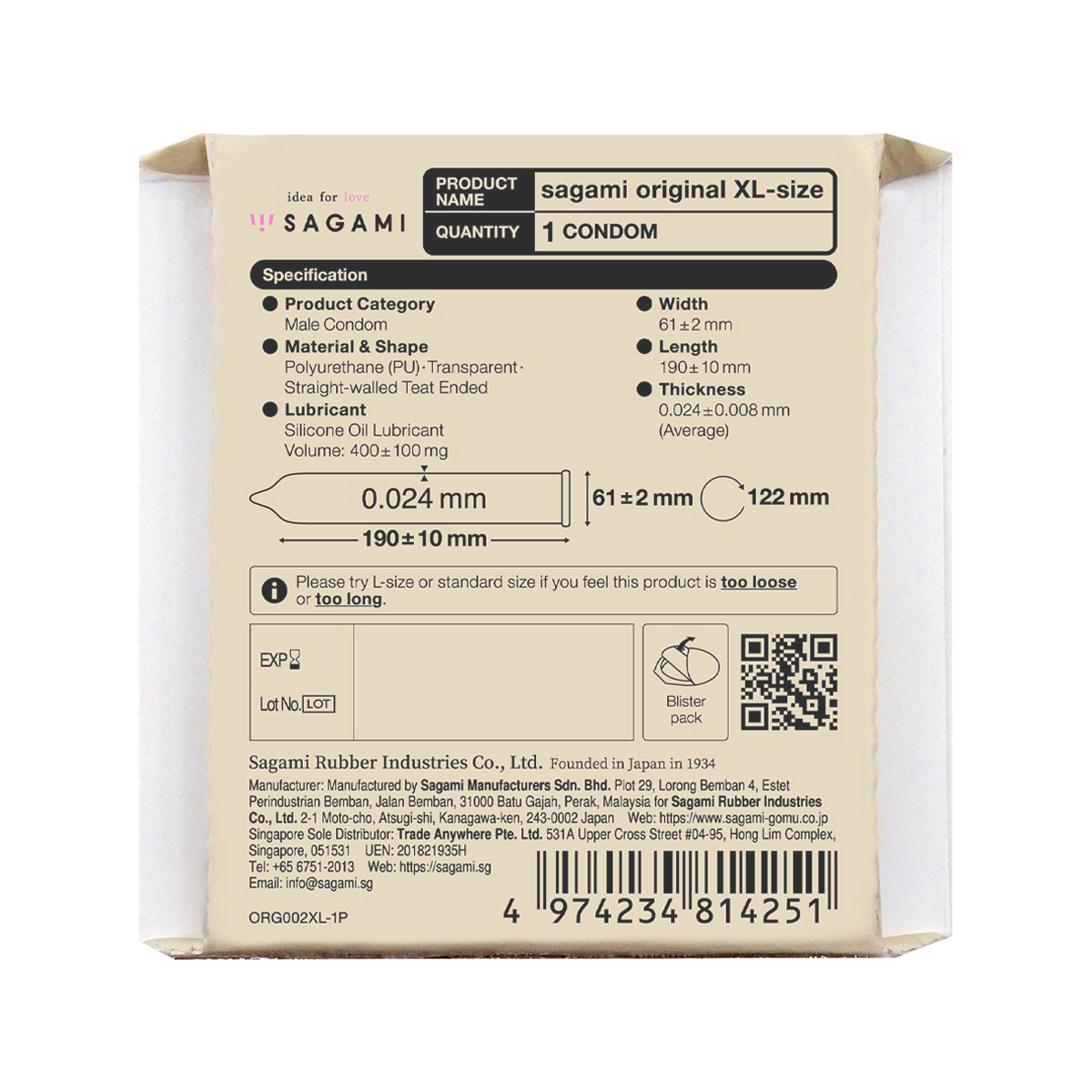 Sagami Original 0.02 XL-size 1's Pack PU Condom-p_3