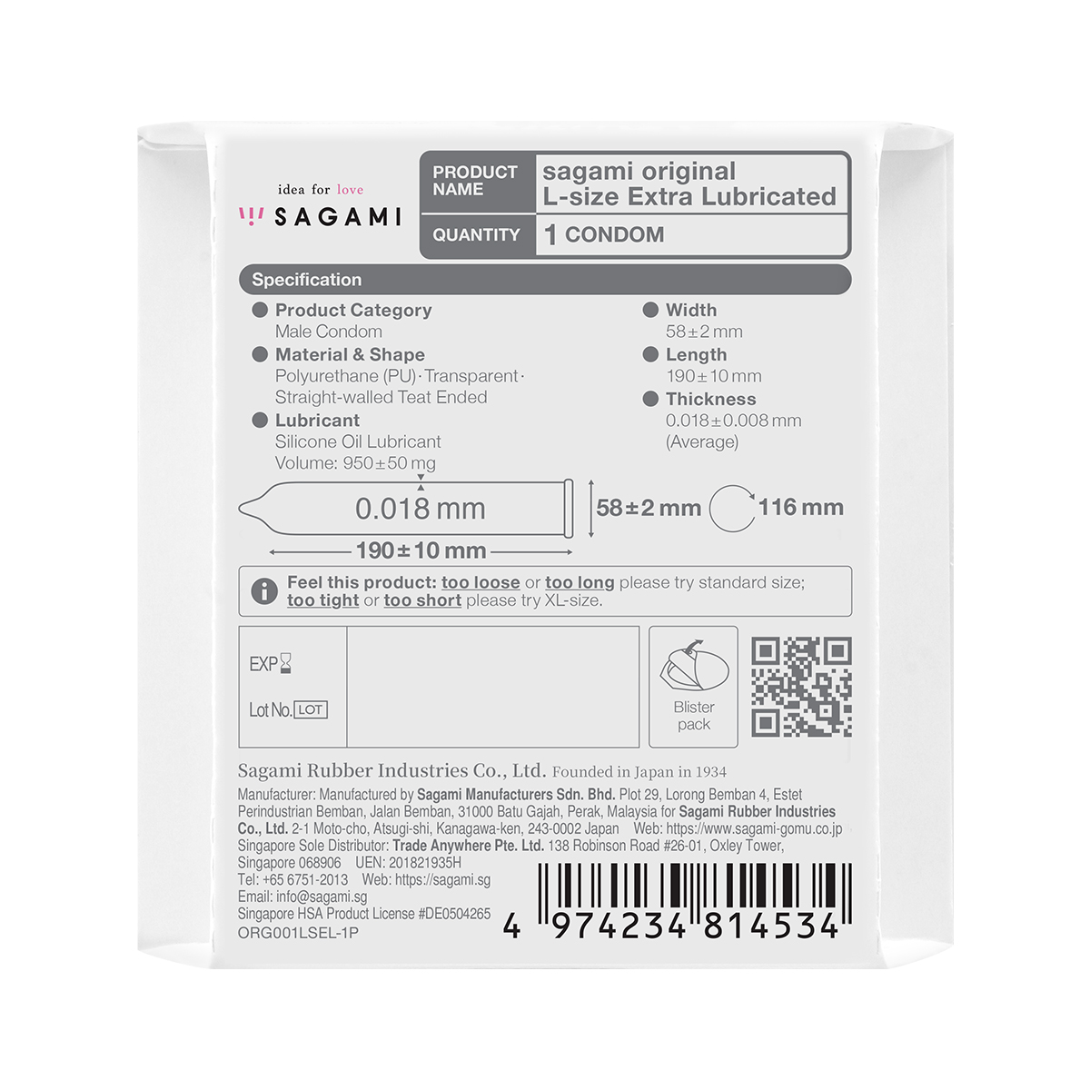 Sagami Original 0.01 L-size Extra Lubricated 1's Pack PU Condom-p_3